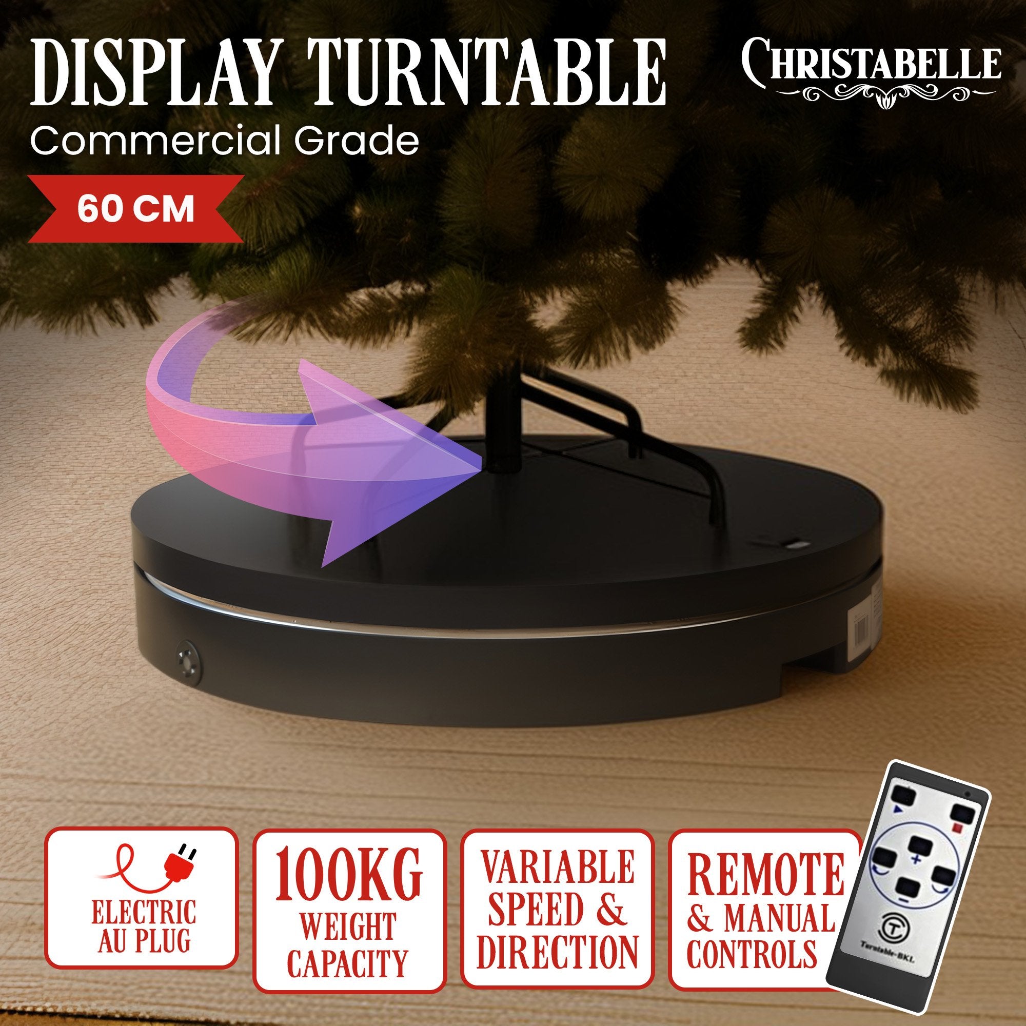 Christabelle 60cmD 100kg Commercial-Grade Electric Display Turntable Christmas Tree - Black