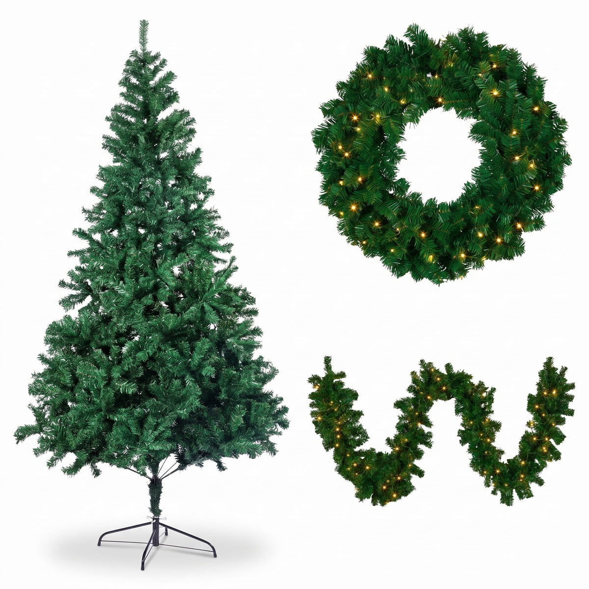 Christabelle Green Artificial Tree 1.8m 61cm Chadwick Wreath with Lights 2.7m Garland with LED Light