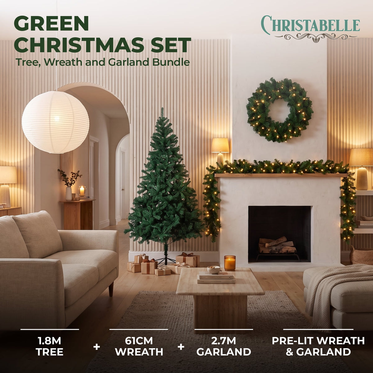 Christabelle Green Artificial Tree 1.8m 61cm Chadwick Wreath with Lights 2.7m Garland with LED Light