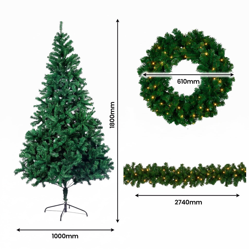 Christabelle Green Artificial Tree 1.8m 61cm Chadwick Wreath with Lights 2.7m Garland with LED Light