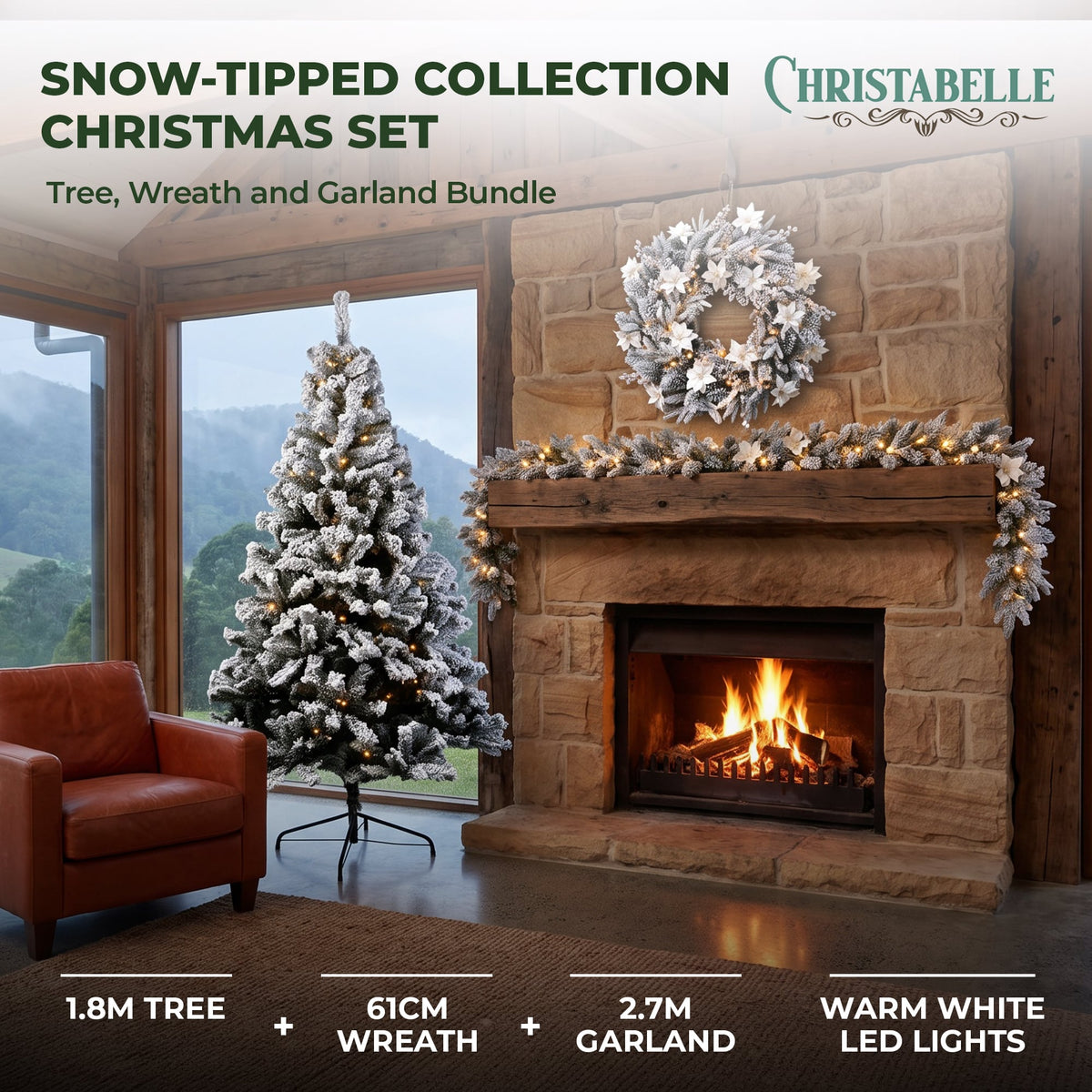 Christabelle Snow-Tipped Snowflocked Tree 61cm Snow Wreath Colonial with Lights 2.74m Garland Snow Frosted