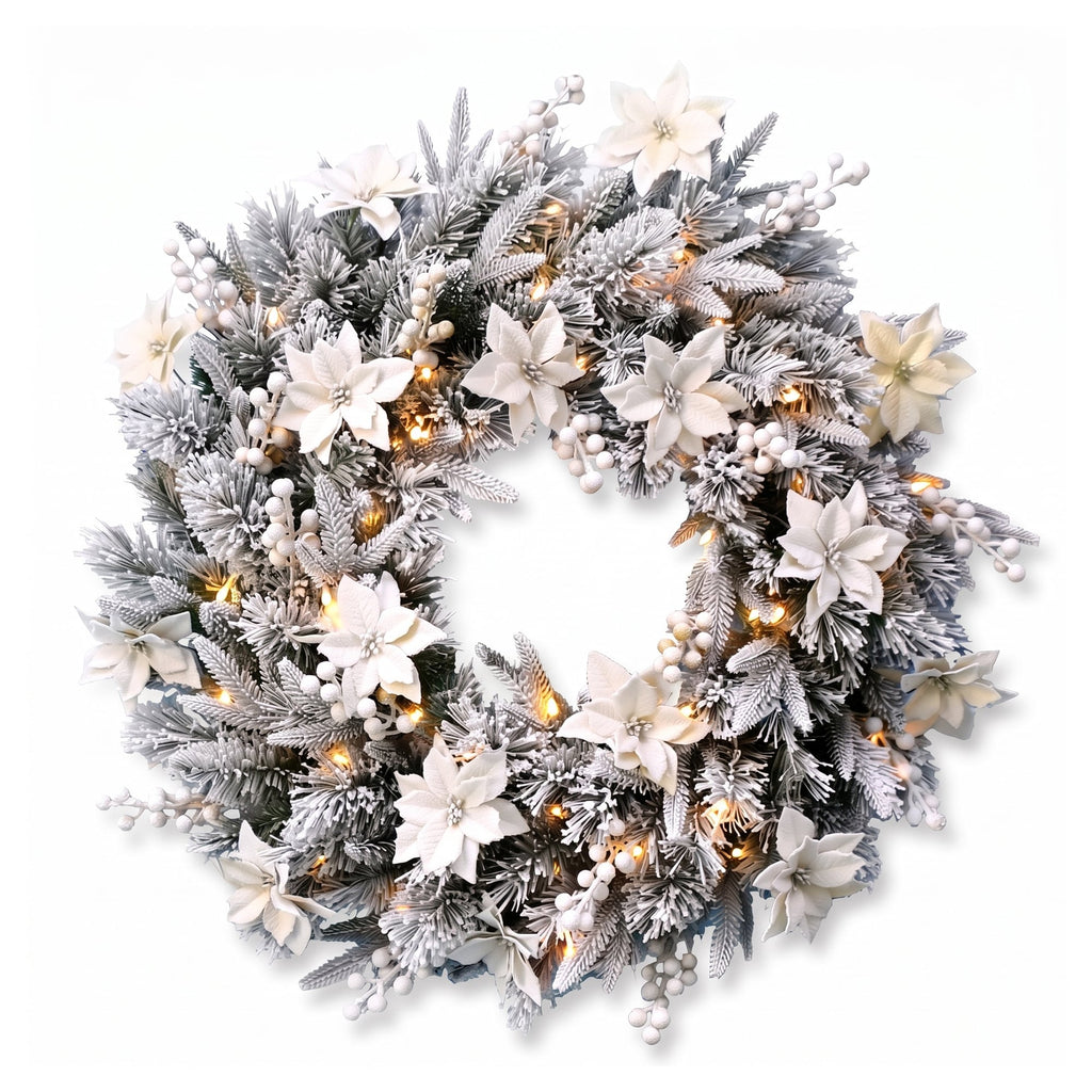 Christabelle Snow-Tipped Snowflocked Tree 61cm Snow Wreath Colonial with Lights 2.74m Garland Snow Frosted