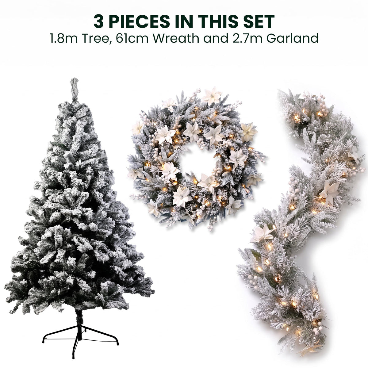 Christabelle Snow-Tipped Snowflocked Tree 61cm Snow Wreath Colonial with Lights 2.74m Garland Snow Frosted