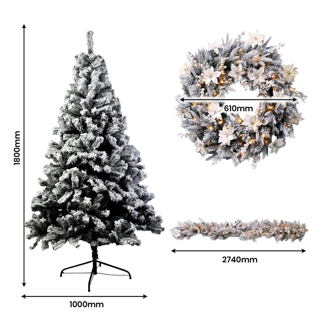 Christabelle Snow-Tipped Snowflocked Tree 61cm Snow Wreath Colonial with Lights 2.74m Garland Snow Frosted