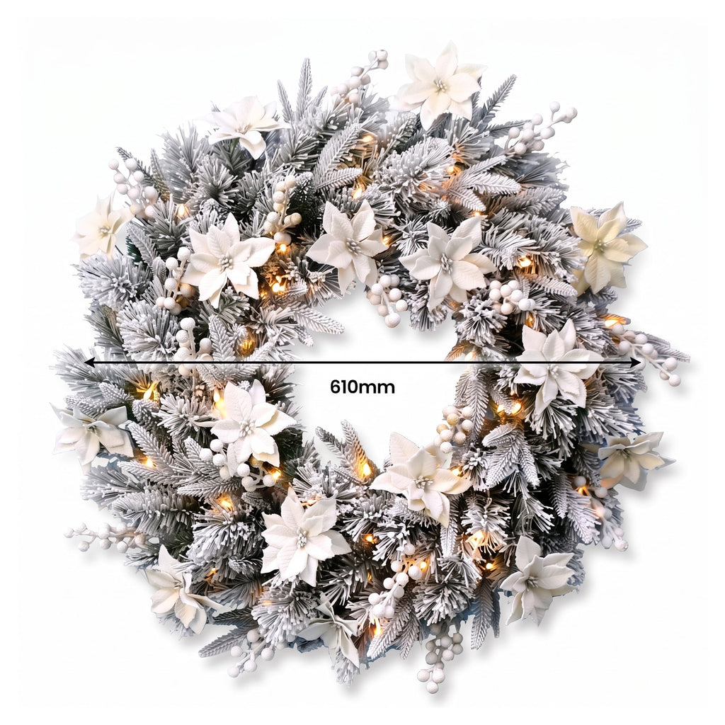 Christabelle Snow-Tipped Snowflocked Tree 61cm Snow Wreath Colonial with Lights 2.74m Garland Snow Frosted