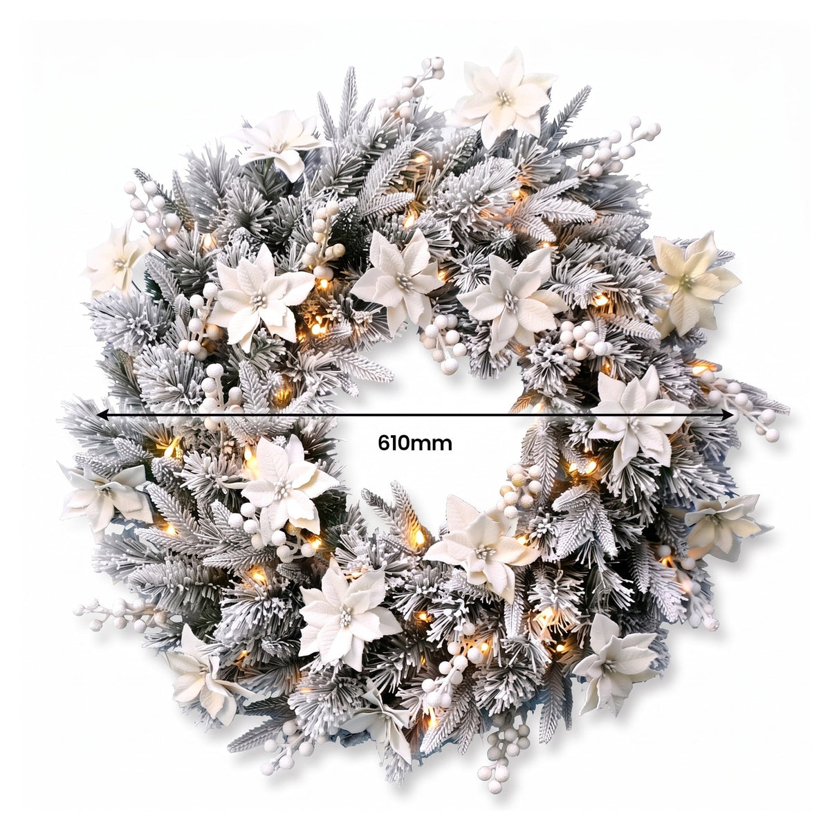 Christabelle Snow-Tipped Snowflocked Tree 61cm Snow Wreath Colonial with Lights 2.74m Garland Snow Frosted