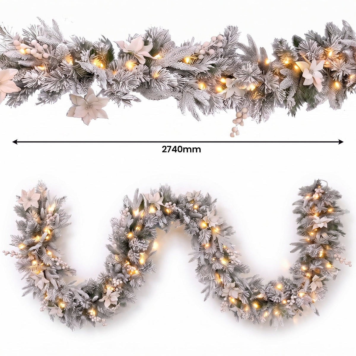 Christabelle Snow-Tipped Snowflocked Tree 61cm Snow Wreath Colonial with Lights 2.74m Garland Snow Frosted