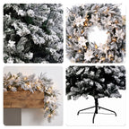 Christabelle Snow-Tipped Snowflocked Tree 61cm Snow Wreath Colonial with Lights 2.74m Garland Snow Frosted