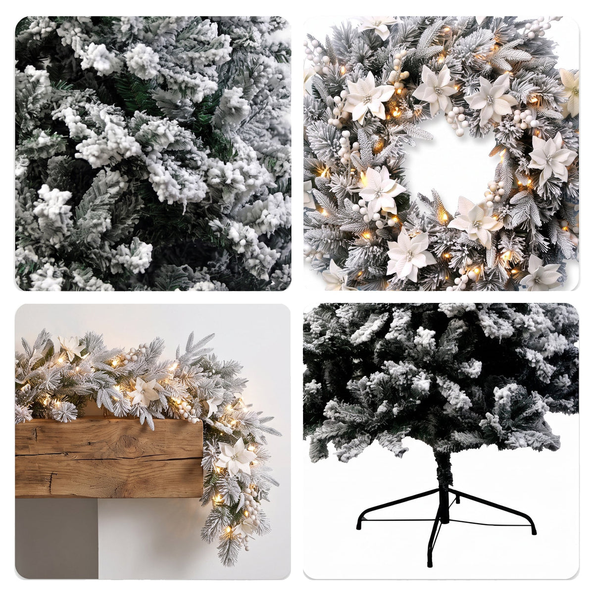 Christabelle Snow-Tipped Snowflocked Tree 61cm Snow Wreath Colonial with Lights 2.74m Garland Snow Frosted