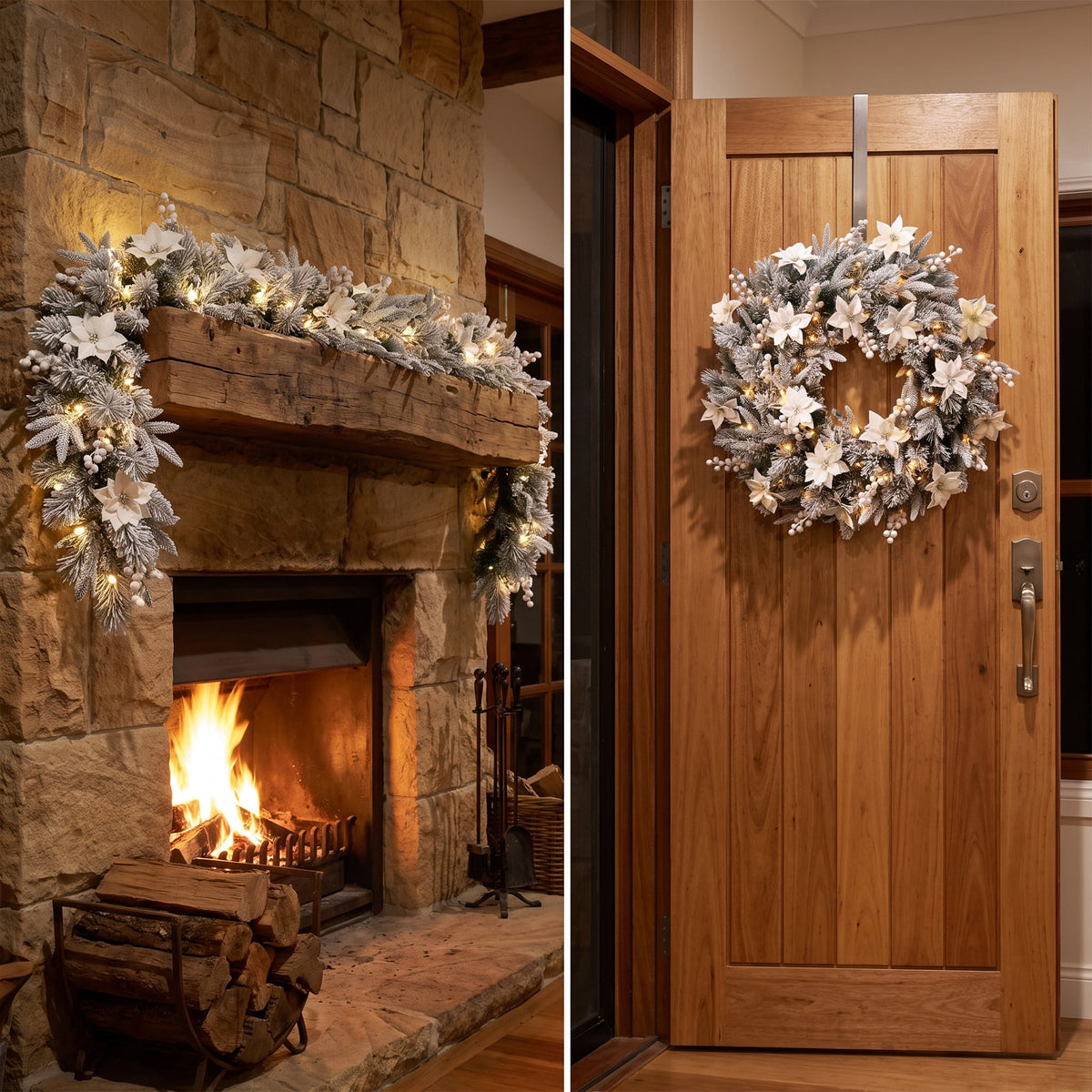 Christabelle Snow-Tipped Snowflocked Tree 61cm Snow Wreath Colonial with Lights 2.74m Garland Snow Frosted