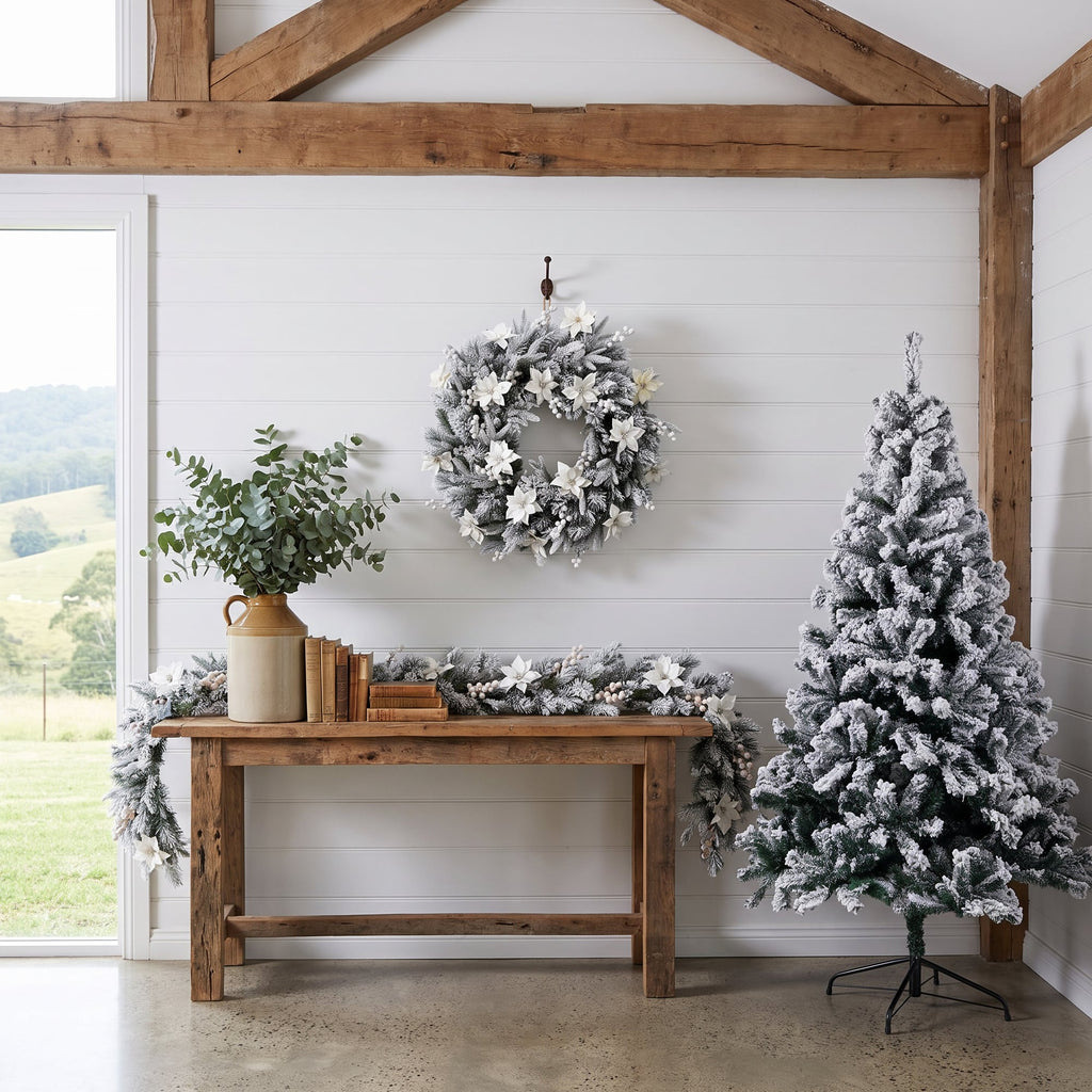 Christabelle Snow-Tipped Snowflocked Tree 61cm Snow Wreath Colonial with Lights 2.74m Garland Snow Frosted