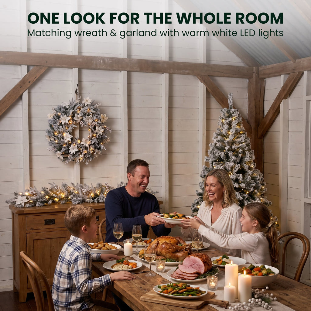 Christabelle Snow-Tipped Snowflocked Tree 61cm Snow Wreath Colonial with Lights 2.74m Garland Snow Frosted