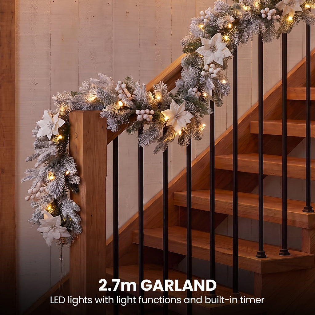 Christabelle Snow-Tipped Snowflocked Tree 61cm Snow Wreath Colonial with Lights 2.74m Garland Snow Frosted
