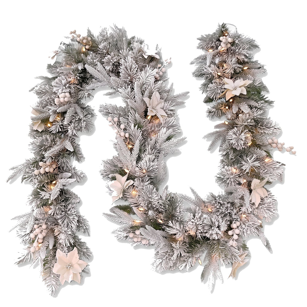 Christabelle Snow-Tipped Tree 61cm Snow Wreath Colonial with Lights 2.74m Garland Snow Frosted