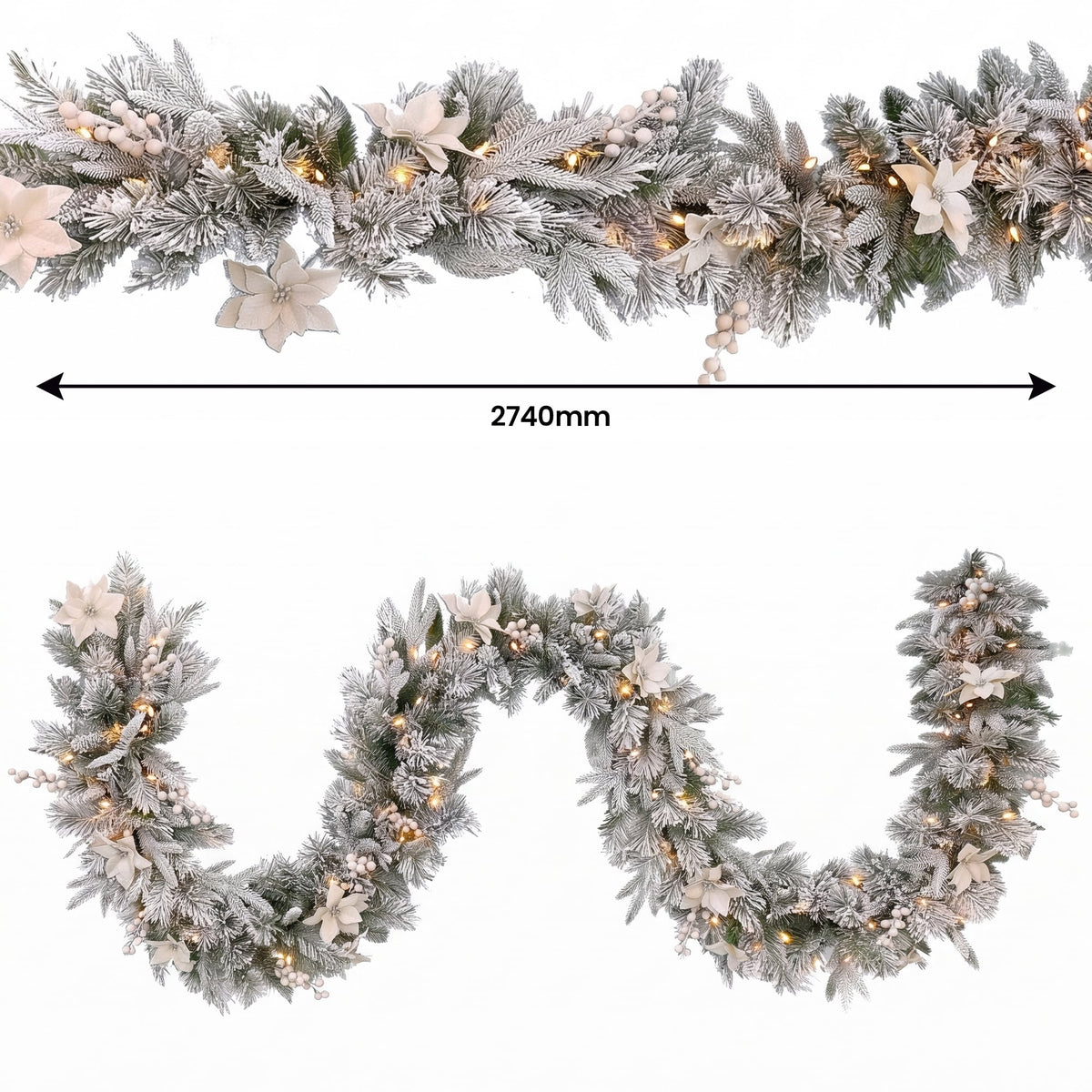 Christabelle Snow-Tipped Tree 61cm Snow Wreath Colonial with Lights 2.74m Garland Snow Frosted