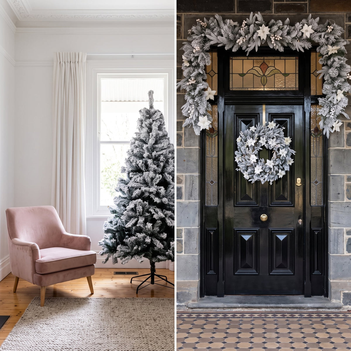 Christabelle Snow-Tipped Tree 61cm Snow Wreath Colonial with Lights 2.74m Garland Snow Frosted