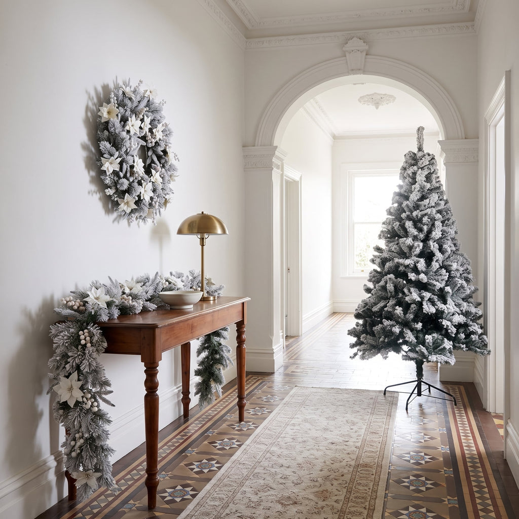 Christabelle Snow-Tipped Tree 61cm Snow Wreath Colonial with Lights 2.74m Garland Snow Frosted