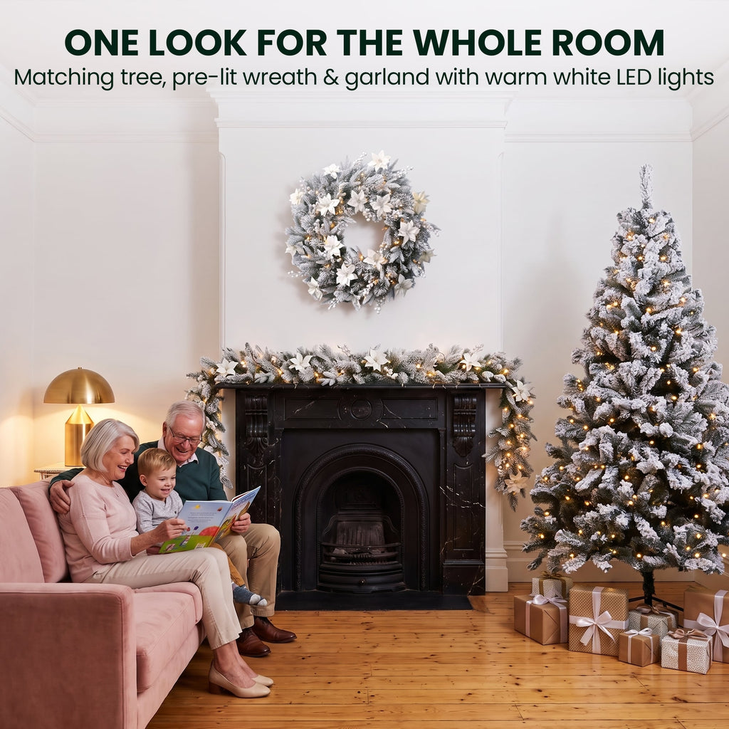 Christabelle Snow-Tipped Tree 61cm Snow Wreath Colonial with Lights 2.74m Garland Snow Frosted