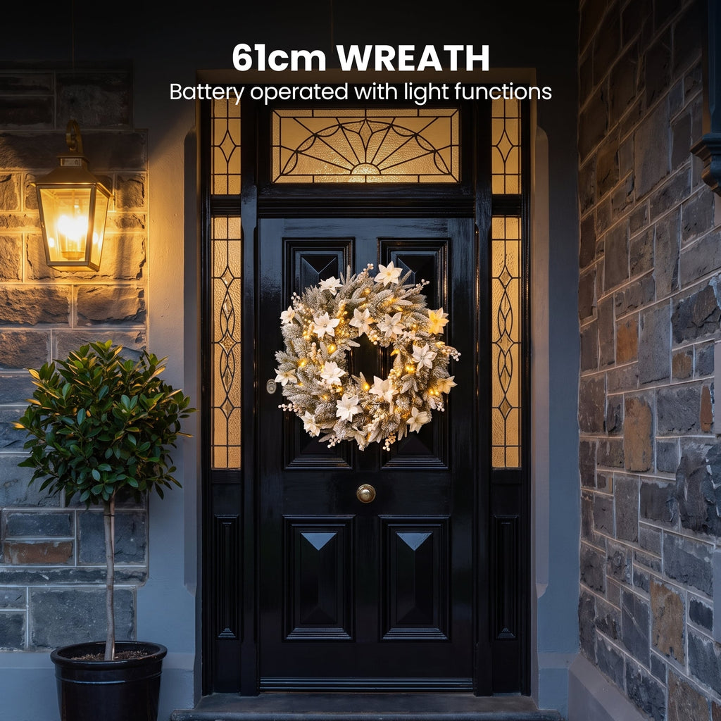 Christabelle Snow-Tipped Tree 61cm Snow Wreath Colonial with Lights 2.74m Garland Snow Frosted