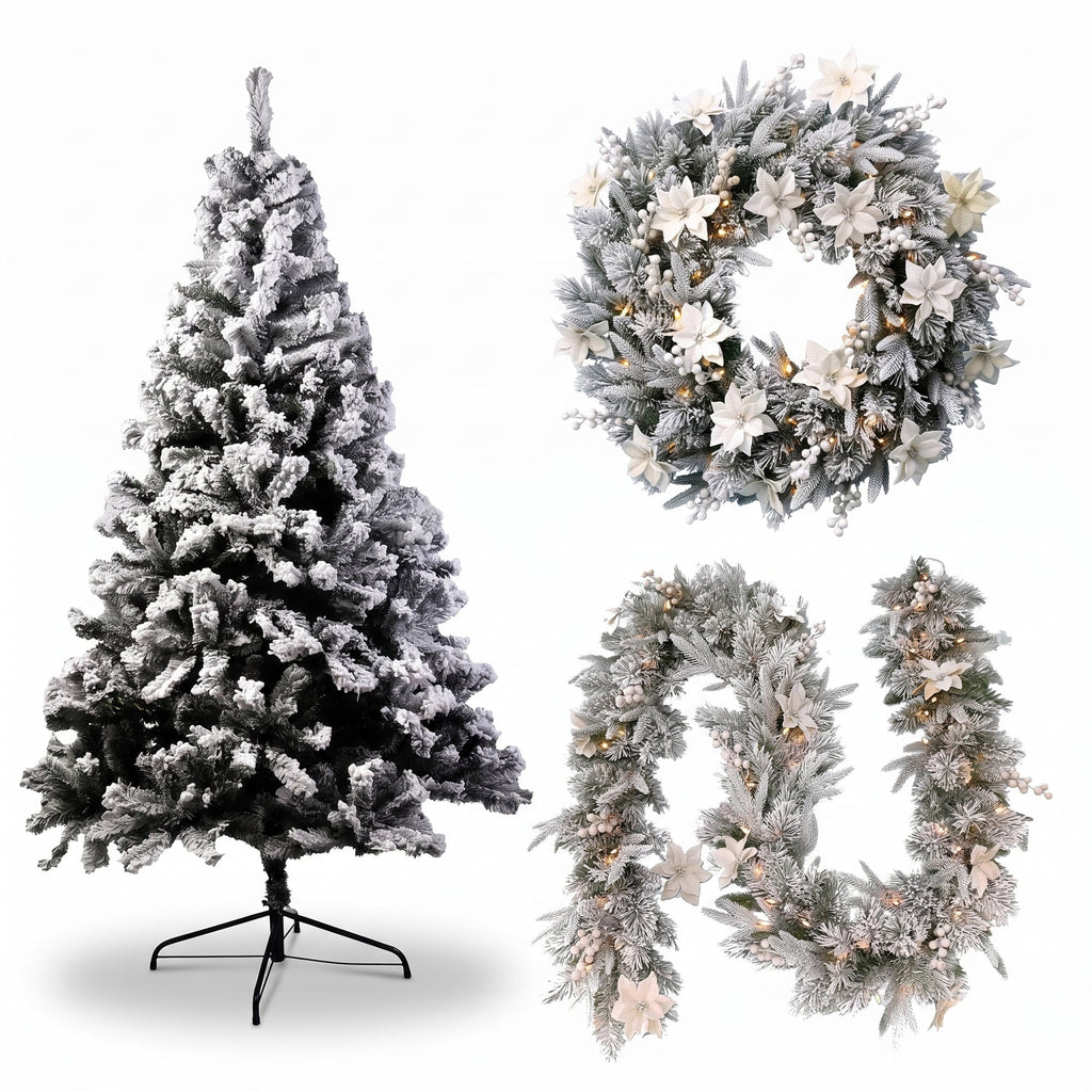 Christabelle Snow-Tipped Christmas 3pc Set 2.4m Christmas Tree Wreath and Garland with LED Lights Holiday Decor