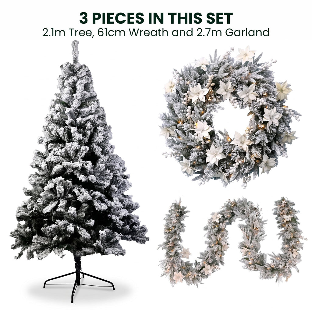 Christabelle Snow-Tipped Christmas 3pc Set 2.4m Christmas Tree Wreath and Garland with LED Lights Holiday Decor