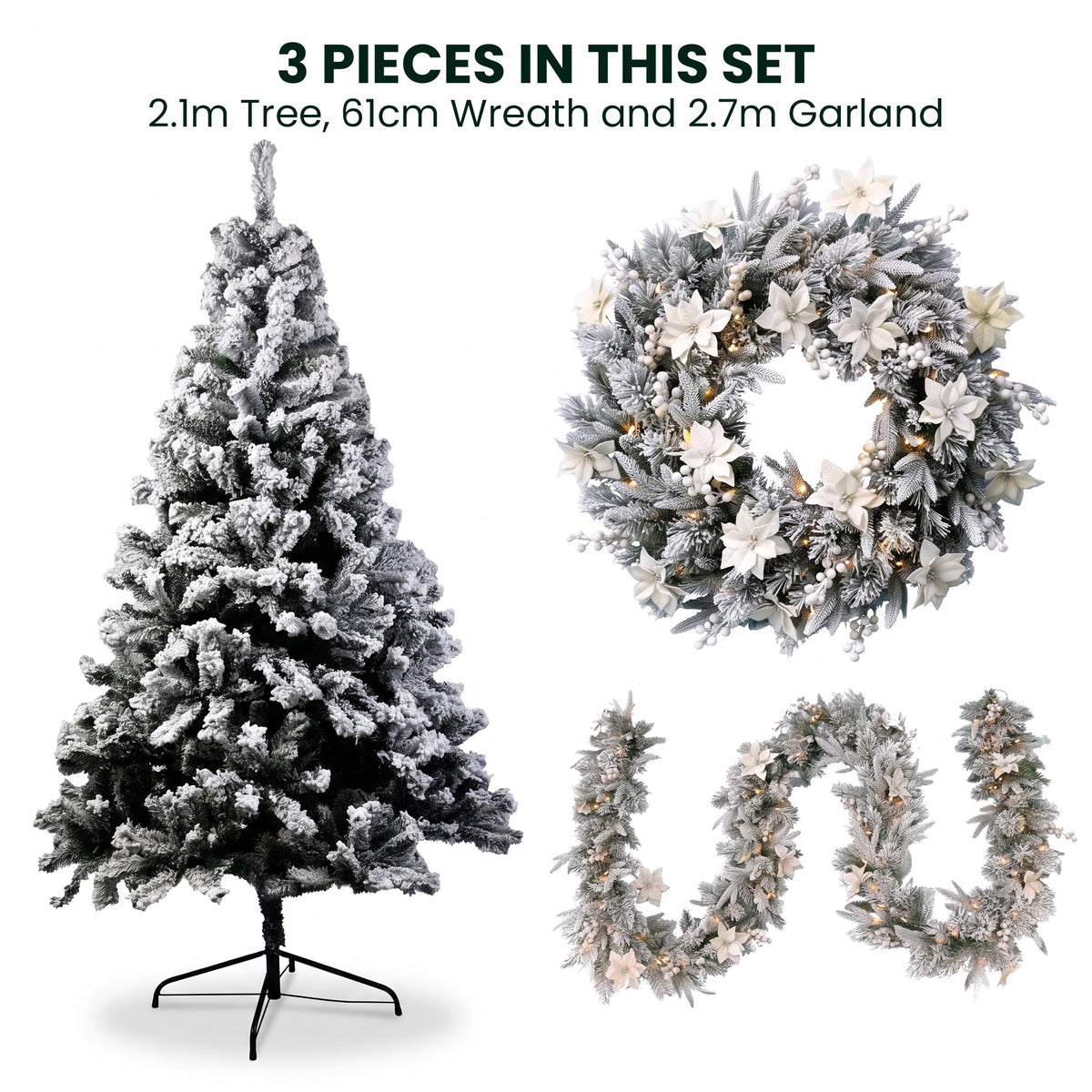Christabelle Snow-Tipped Christmas 3pc Set 2.4m Christmas Tree Wreath and Garland with LED Lights Holiday Decor