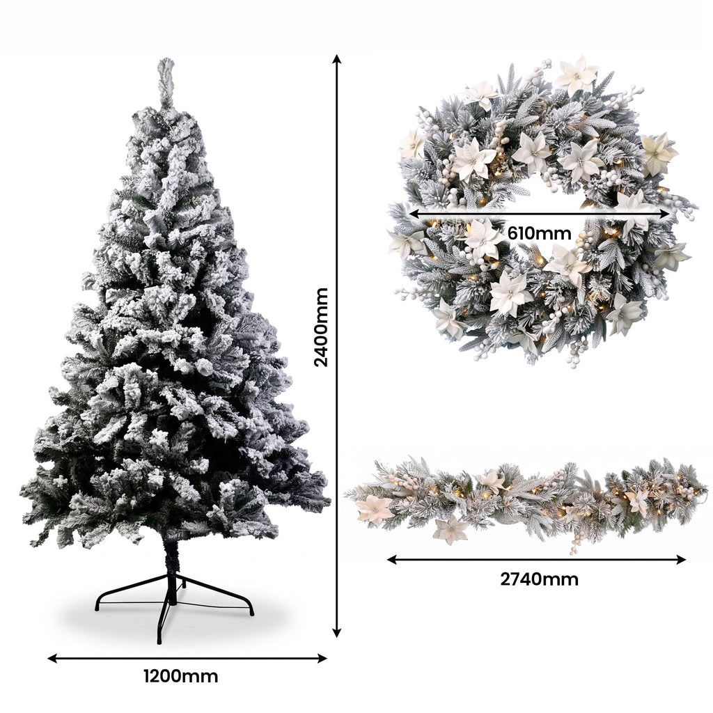 Christabelle Snow-Tipped Christmas 3pc Set 2.4m Christmas Tree Wreath and Garland with LED Lights Holiday Decor
