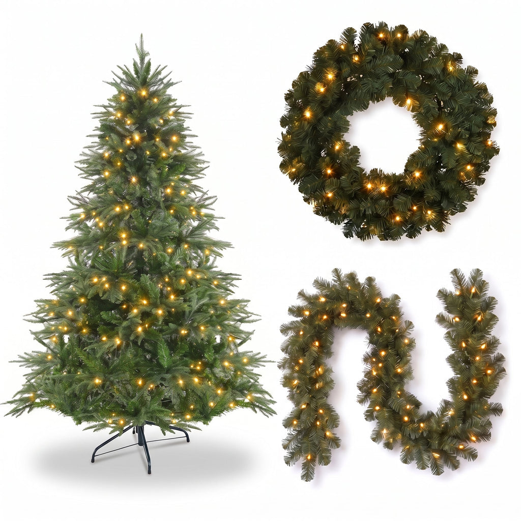 Christabelle Everglow Fir Christmas 3pc Set 1.2m Christmas Tree Wreath and Garland with LED Lights Holiday Decor