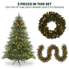 Christabelle Everglow Fir Christmas 3pc Set 1.2m Christmas Tree Wreath and Garland with LED Lights Holiday Decor