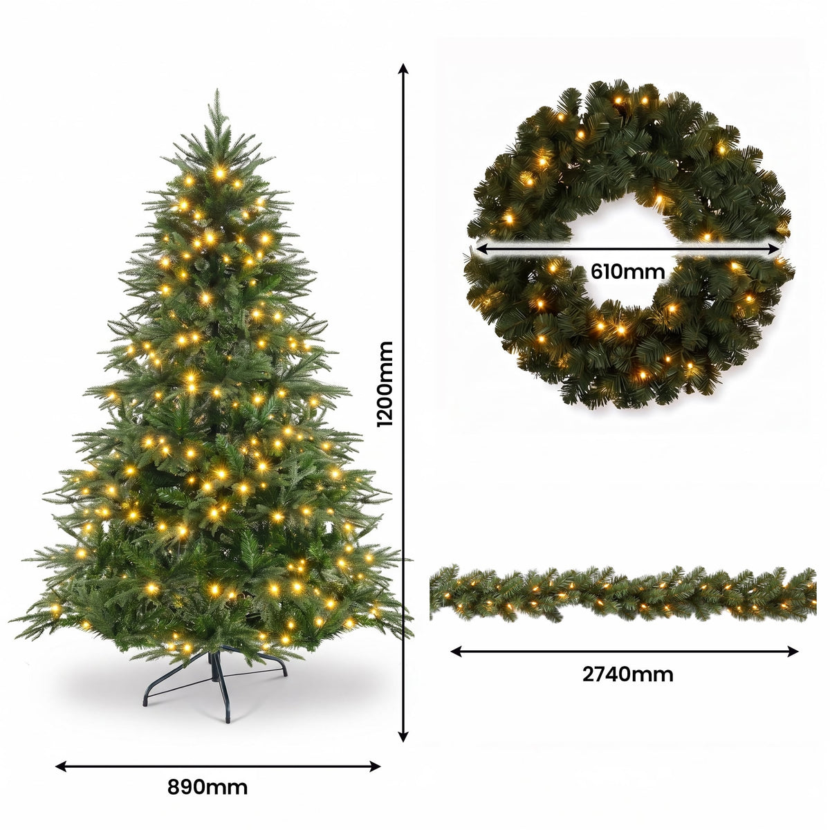 Christabelle Everglow Fir Christmas 3pc Set 1.2m Christmas Tree Wreath and Garland with LED Lights Holiday Decor