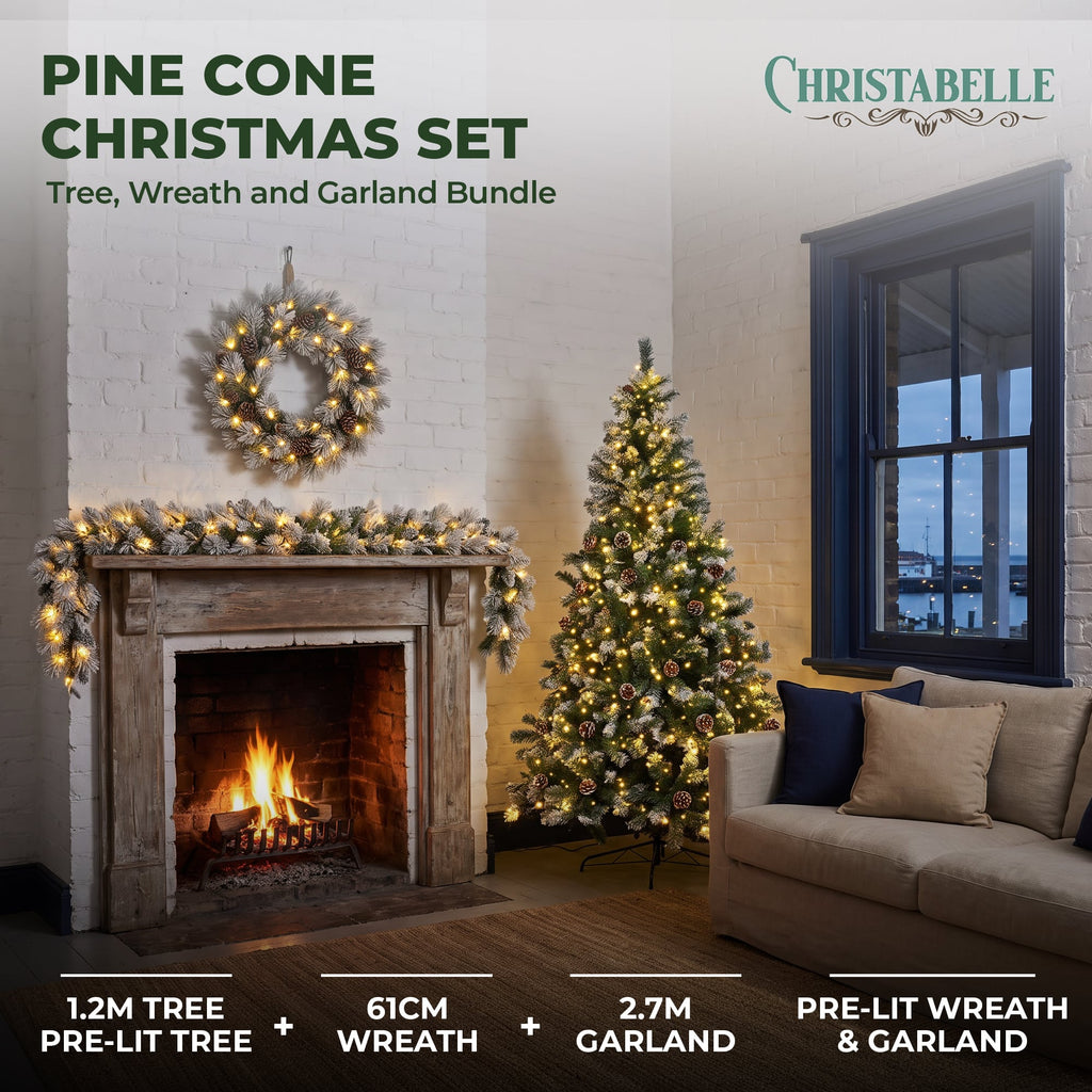 Christabelle 1.2m Pre-Lit LED Tree 61cm Alpine Snow Wreath Prelit 2.74m Alpine Snow Christmas Garland