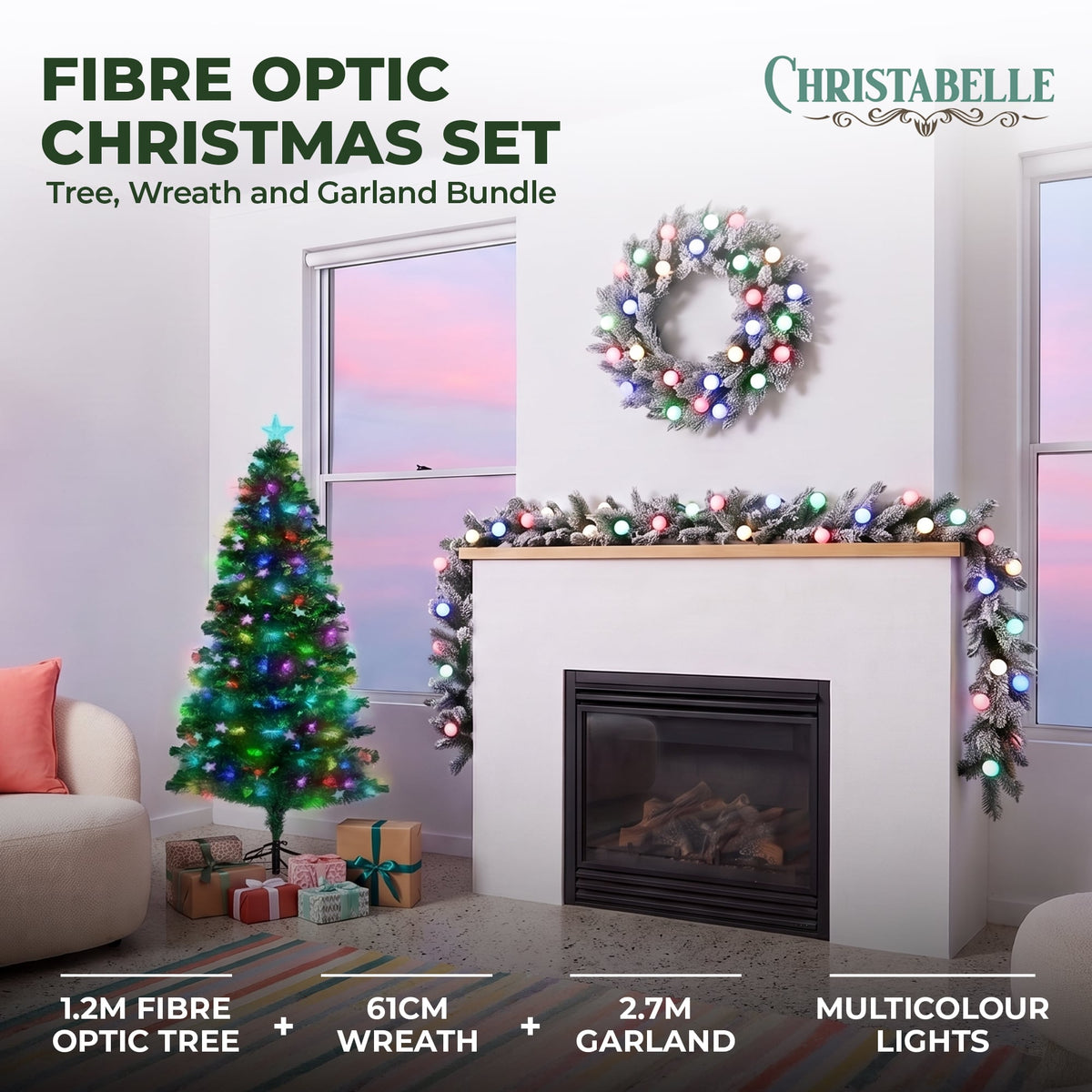 Christabelle 1.2m Pre-Lit Tree Stunning 61cm Snowy Wreath 2.7m Snowy Christmas Garland with LED
