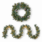 Christabelle Pre-Lit Bayville Pine Christmas Wreath 61cm or Garland 2.7m with 50 LED Lights, Pine Cones & Timer
