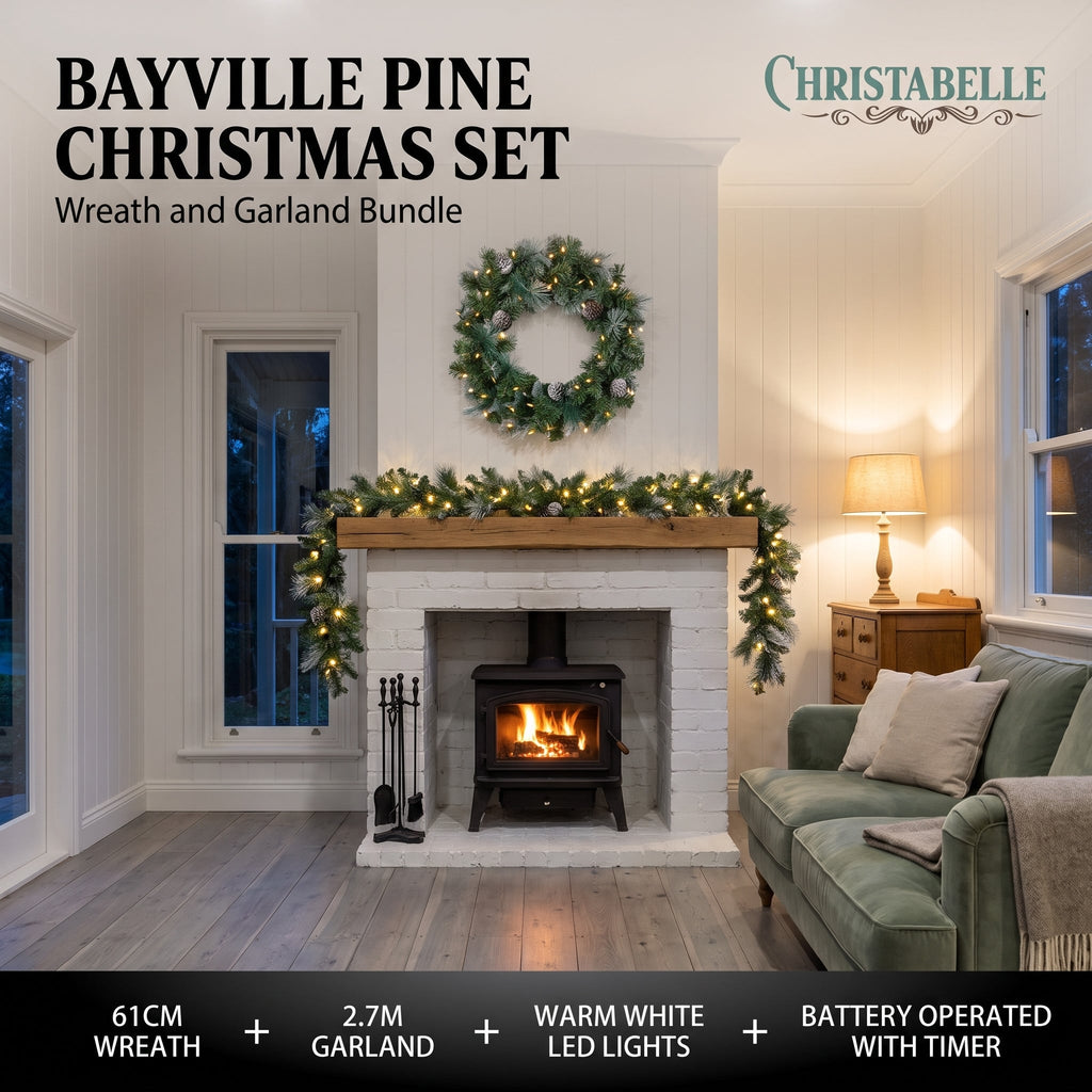 Christabelle Pre-Lit Bayville Pine Christmas Wreath 61cm or Garland 2.7m with 50 LED Lights, Pine Cones & Timer