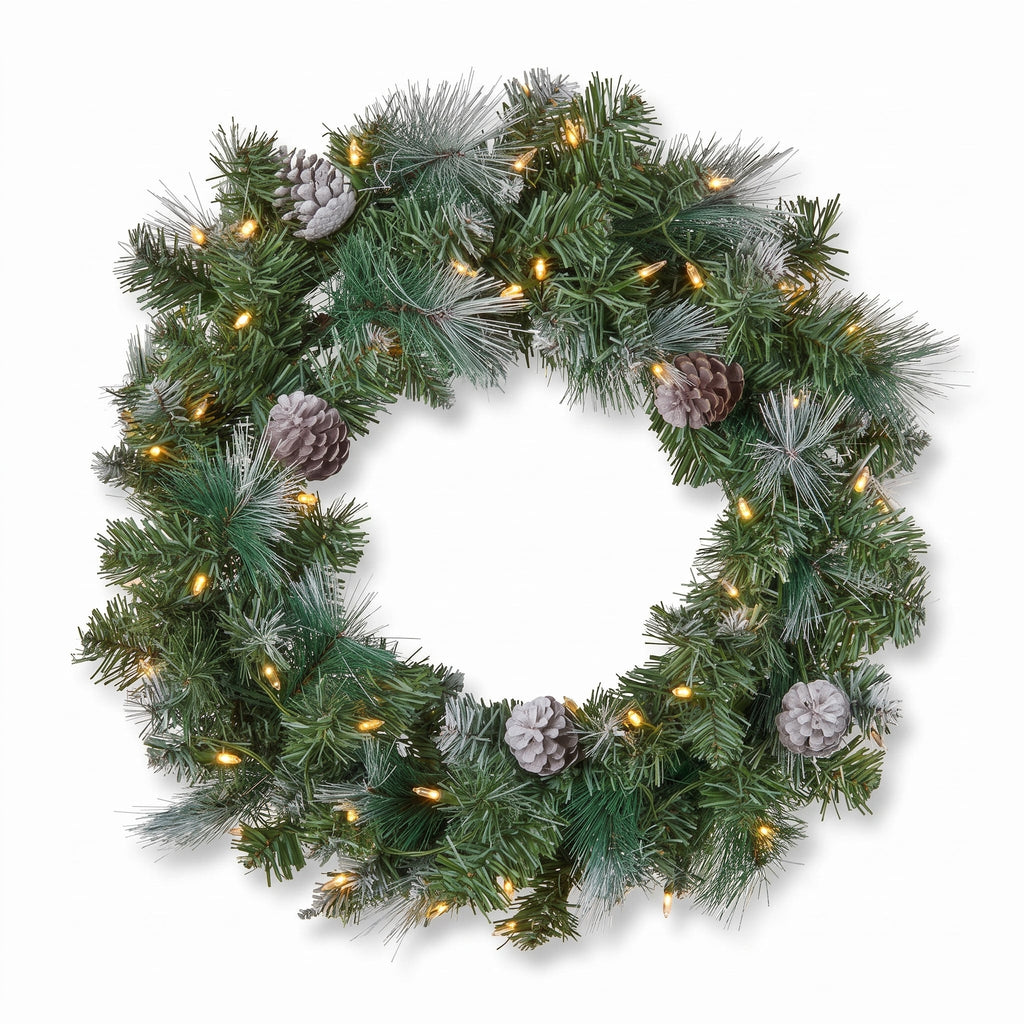 Christabelle Pre-Lit Bayville Pine Christmas Wreath 61cm or Garland 2.7m with 50 LED Lights, Pine Cones & Timer