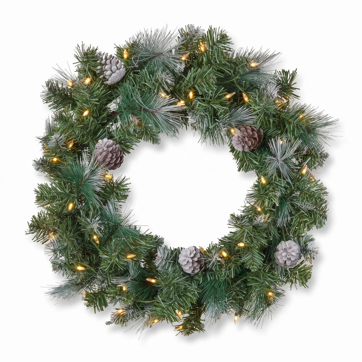 Christabelle Pre-Lit Bayville Pine Christmas Wreath 61cm or Garland 2.7m with 50 LED Lights, Pine Cones & Timer