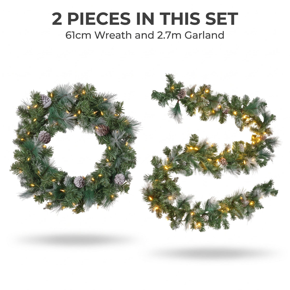 Christabelle Pre-Lit Bayville Pine Christmas Wreath 61cm or Garland 2.7m with 50 LED Lights, Pine Cones & Timer