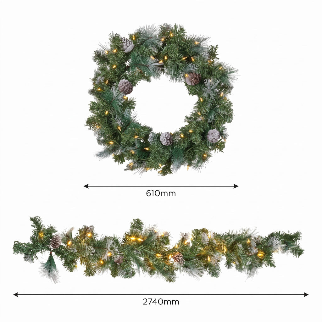 Christabelle Pre-Lit Bayville Pine Christmas Wreath 61cm or Garland 2.7m with 50 LED Lights, Pine Cones & Timer