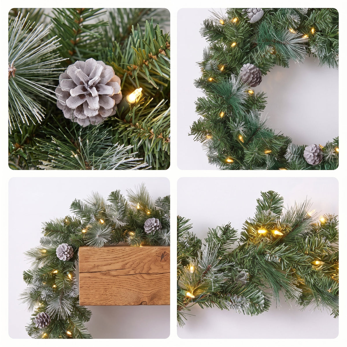 Christabelle Pre-Lit Bayville Pine Christmas Wreath 61cm or Garland 2.7m with 50 LED Lights, Pine Cones & Timer