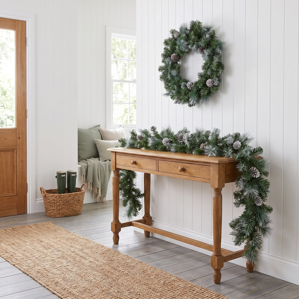 Christabelle Pre-Lit Bayville Pine Christmas Wreath 61cm or Garland 2.7m with 50 LED Lights, Pine Cones & Timer