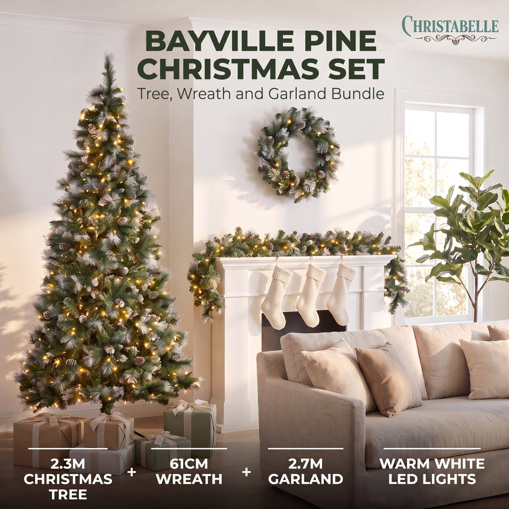 Christabelle 2.3m Christmas Tree 2.7m Garland and Wreath with Warm White Xmas LEDs