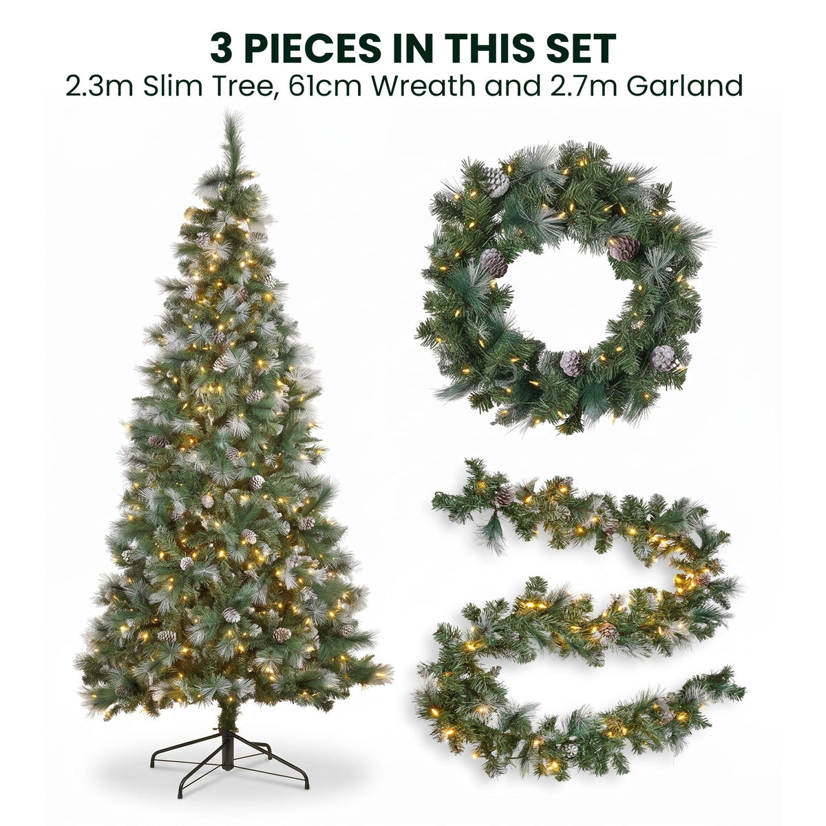 Christabelle 2.3m Christmas Tree 2.7m Garland and Wreath with Warm White Xmas LEDs
