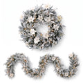 Christabelle Pre-Lit Frosted Colonial Christmas 2pc Set 61cm Wreath and Garland with LED Lights Holiday Decor