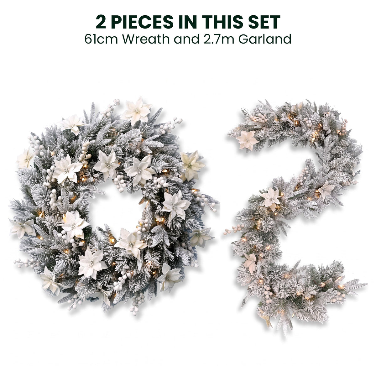Christabelle Pre-Lit Frosted Colonial Christmas 2pc Set 61cm Wreath and Garland with LED Lights Holiday Decor