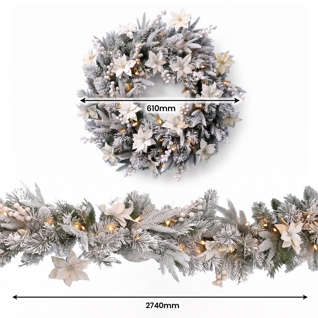 Christabelle Pre-Lit Frosted Colonial Christmas 2pc Set 61cm Wreath and Garland with LED Lights Holiday Decor