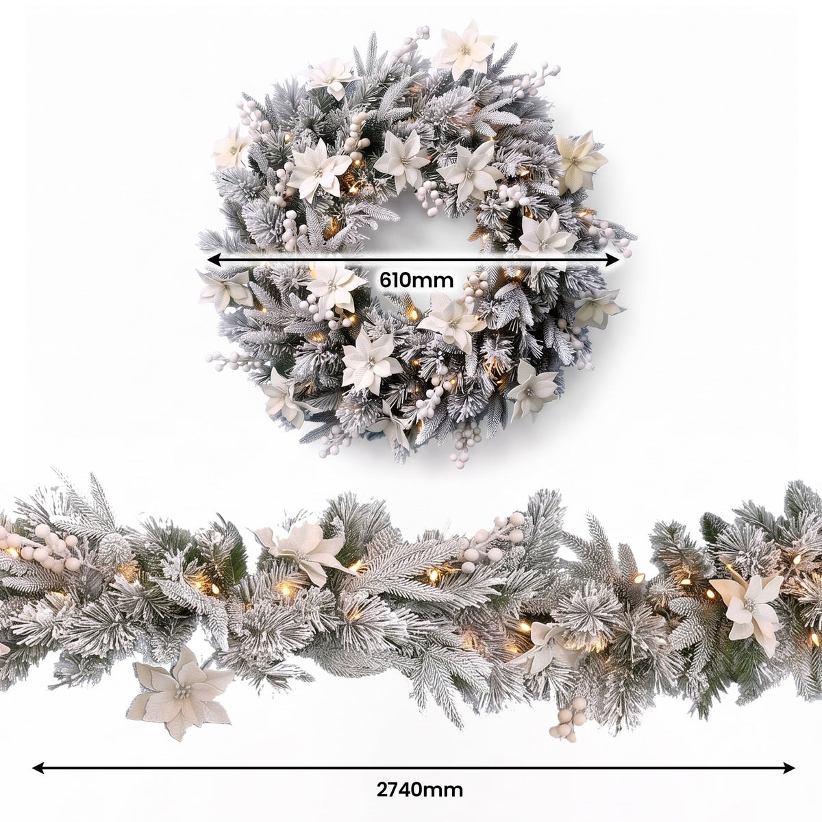 Christabelle Pre-Lit Frosted Colonial Christmas 2pc Set 61cm Wreath and Garland with LED Lights Holiday Decor