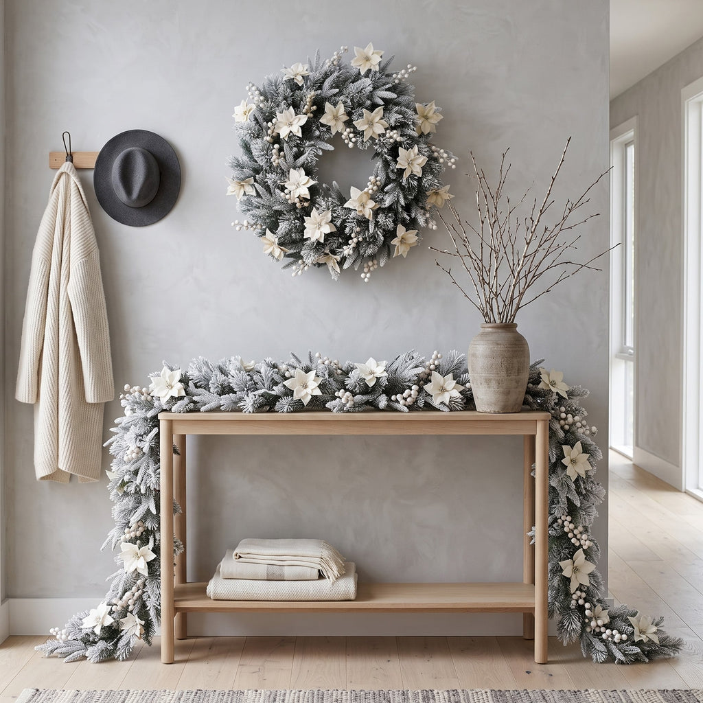 Christabelle Pre-Lit Frosted Colonial Christmas 2pc Set 61cm Wreath and Garland with LED Lights Holiday Decor