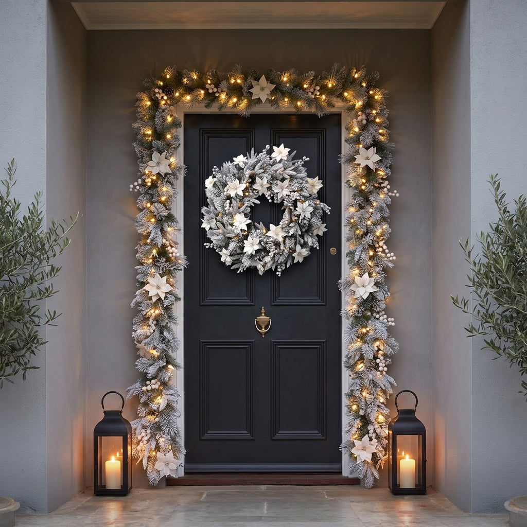 Christabelle Pre-Lit Frosted Colonial Christmas 2pc Set 61cm Wreath and Garland with LED Lights Holiday Decor