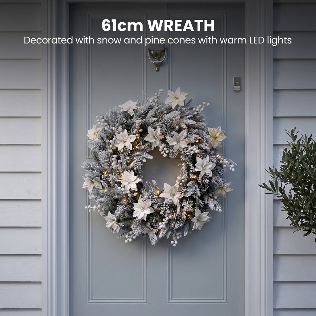 Christabelle Pre-Lit Frosted Colonial Christmas 2pc Set 61cm Wreath and Garland with LED Lights Holiday Decor
