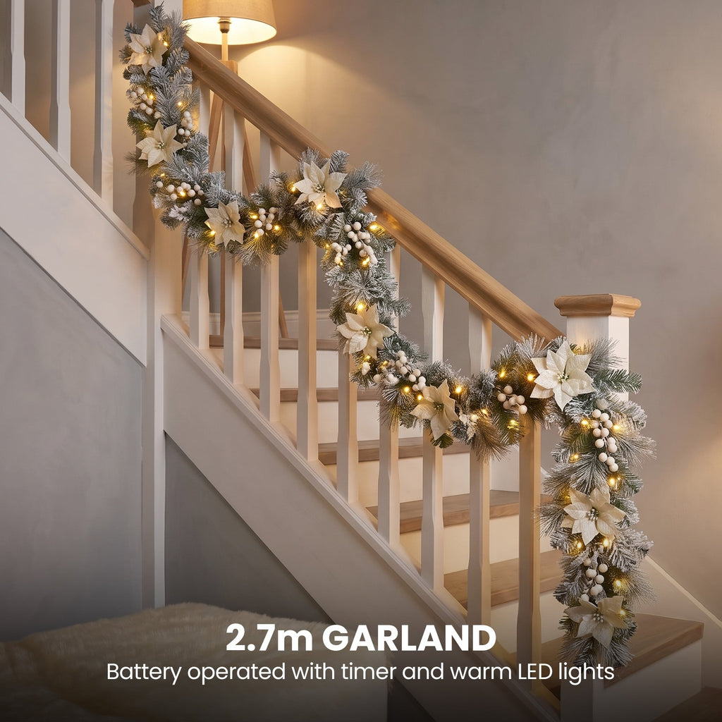 Christabelle Pre-Lit Frosted Colonial Christmas 2pc Set 61cm Wreath and Garland with LED Lights Holiday Decor